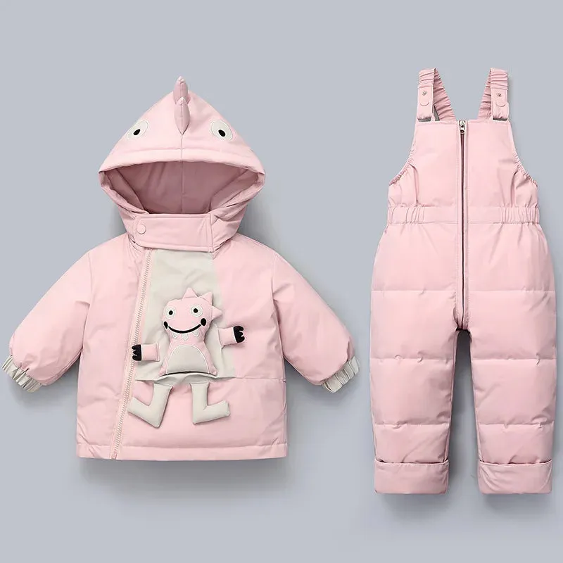 3D Cartoon Dino Design 2pcs Baby Warm Snowsuits