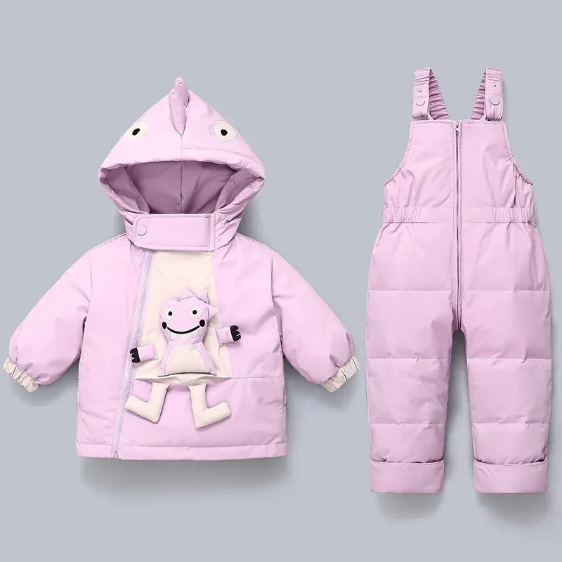 3D Cartoon Dino Design 2pcs Baby Warm Snowsuits
