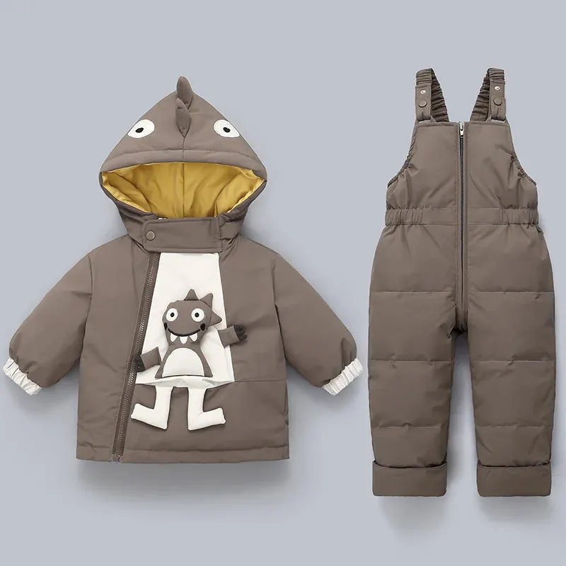 3D Cartoon Dino Design 2pcs Baby Warm Snowsuits