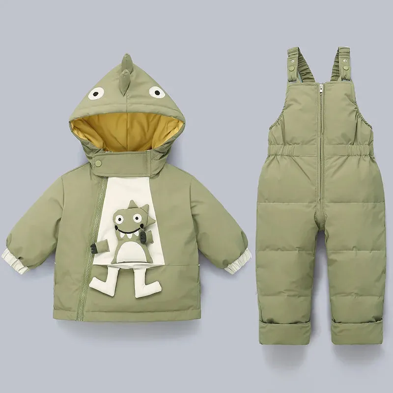 3D Cartoon Dino Design 2pcs Baby Warm Snowsuits