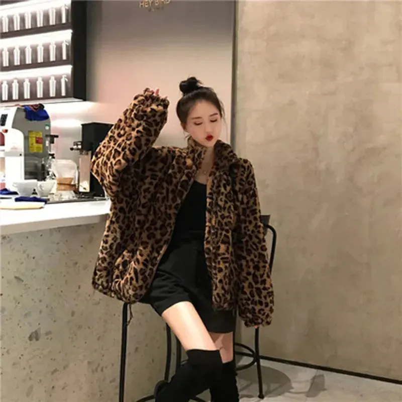 Autumn Fuzzy Leopard Print Jacket Women Fashion Parkas Coats
