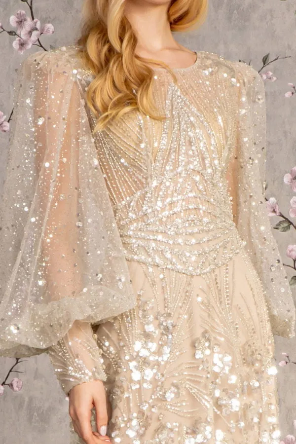Bead Sheer Bodice Mesh A-line Long Dress w/ Sheer Puff Sleeves