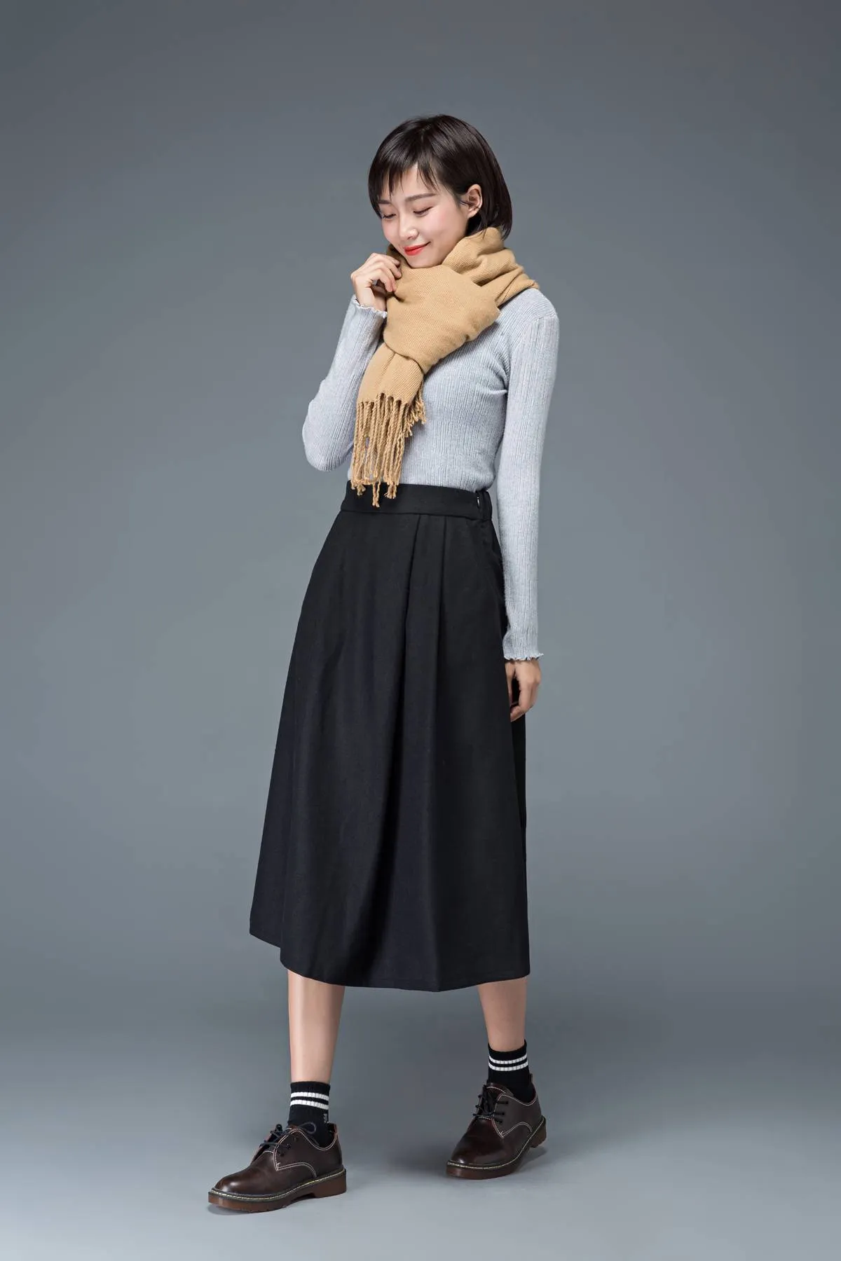 black skirt, wool skirt, womens skirts, midi skirt, pleated skirt, pocket skirt, winter skirt, warm skirt, work skirt, skirt C1181