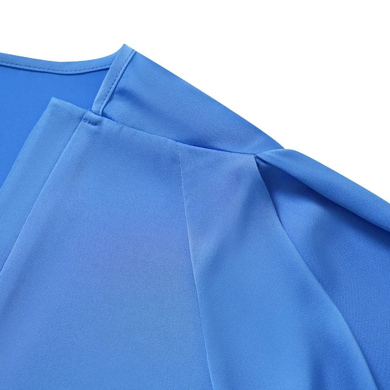 Blue Satin Blouse V Neck Elbow Sleeve