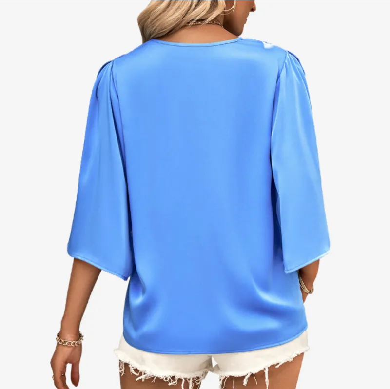Blue Satin Blouse V Neck Elbow Sleeve