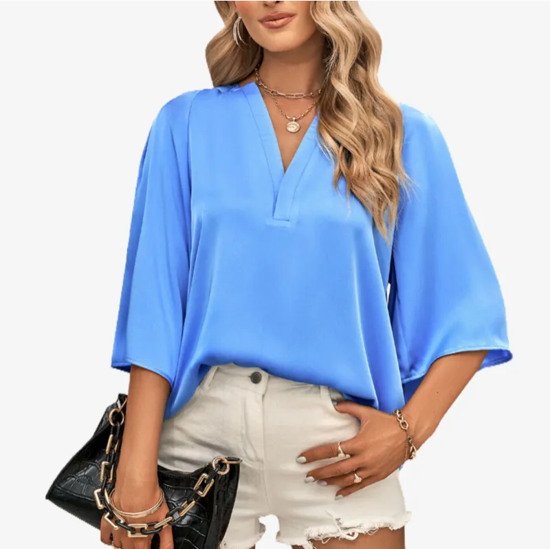 Blue Satin Blouse V Neck Elbow Sleeve