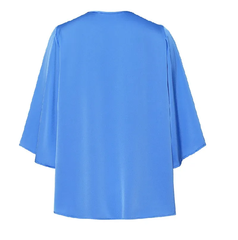 Blue Satin Blouse V Neck Elbow Sleeve