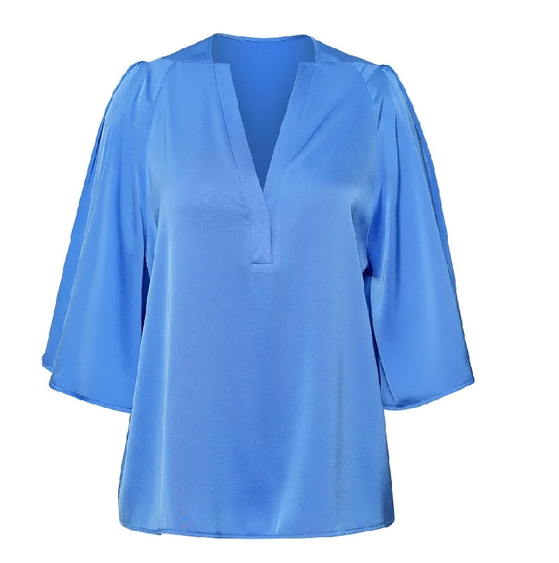 Blue Satin Blouse V Neck Elbow Sleeve