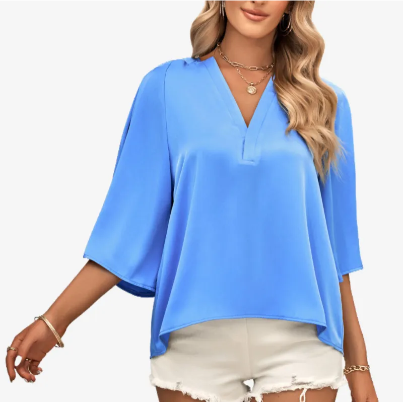 Blue Satin Blouse V Neck Elbow Sleeve