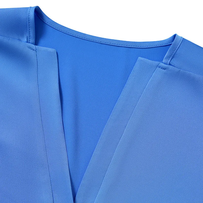 Blue Satin Blouse V Neck Elbow Sleeve