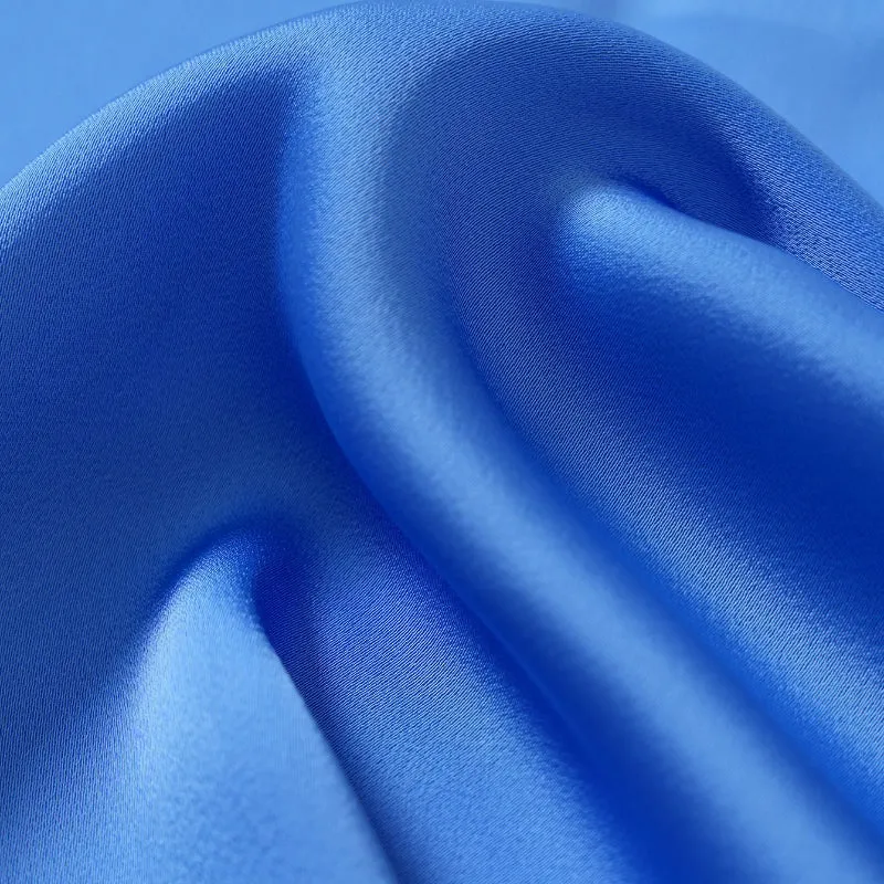 Blue Satin Blouse V Neck Elbow Sleeve