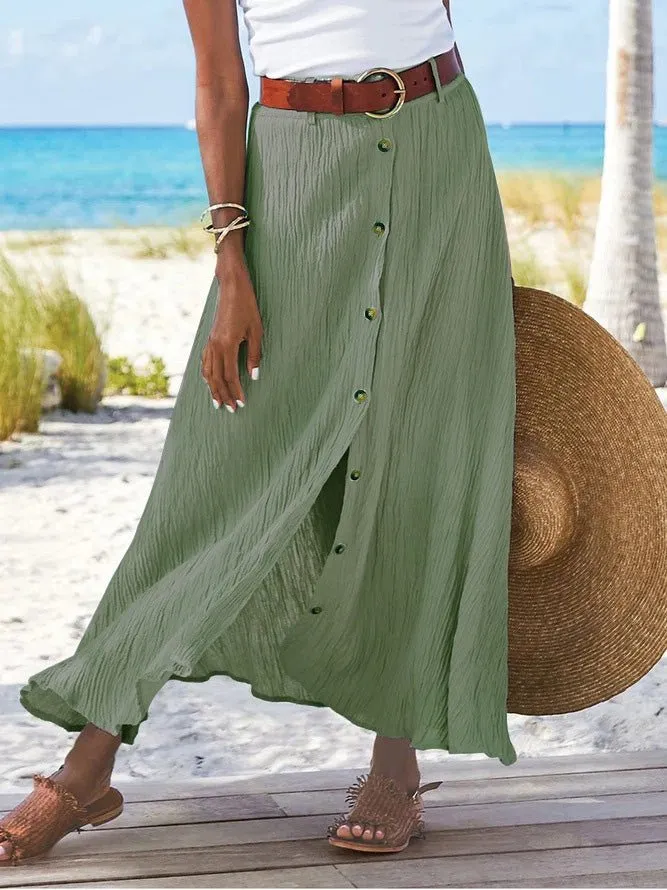 Buttoned Cotton and Linen High-Low A-Line Skirt