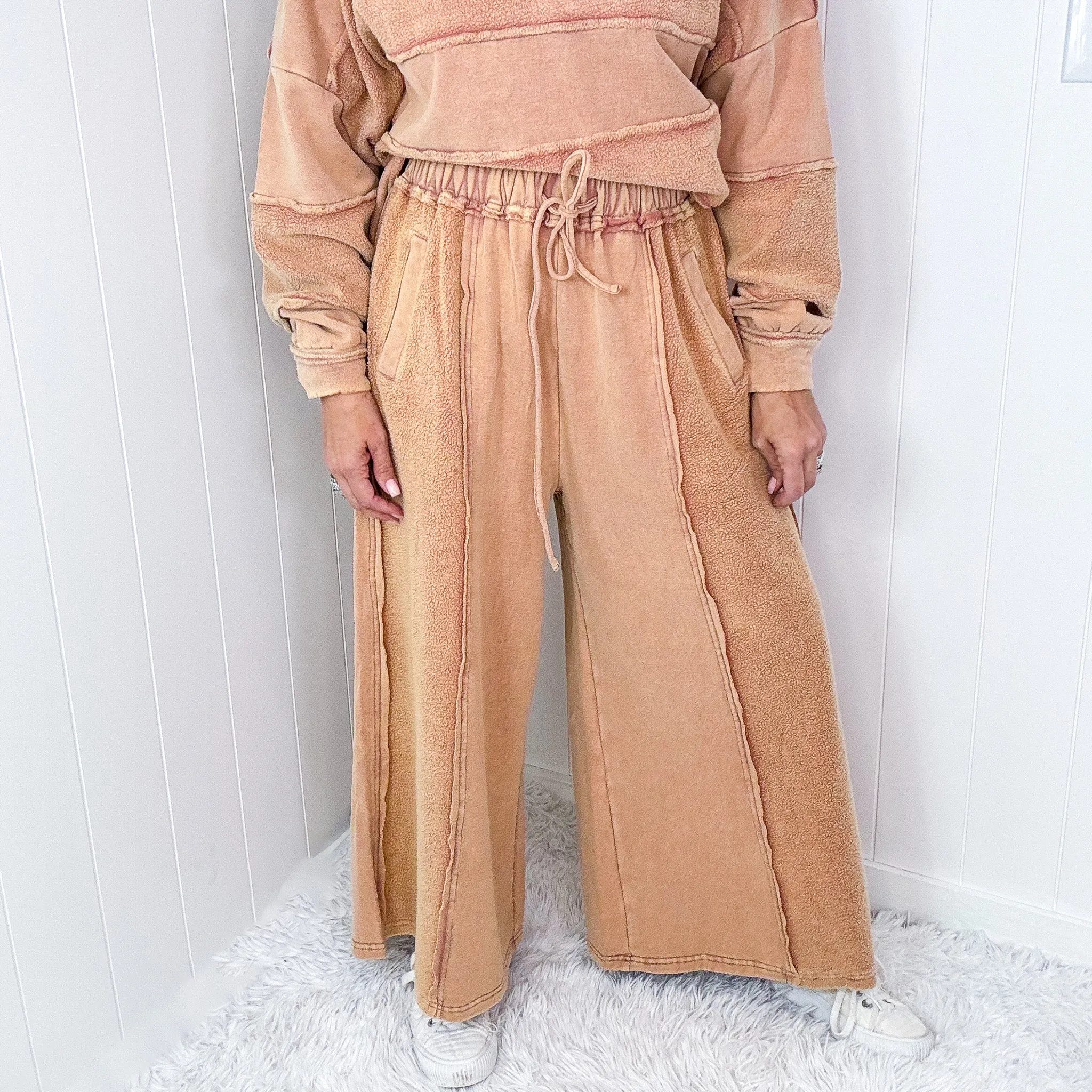 Caramel Cloud Brushed Terry Knit Mineral Washed Palazzo Pants