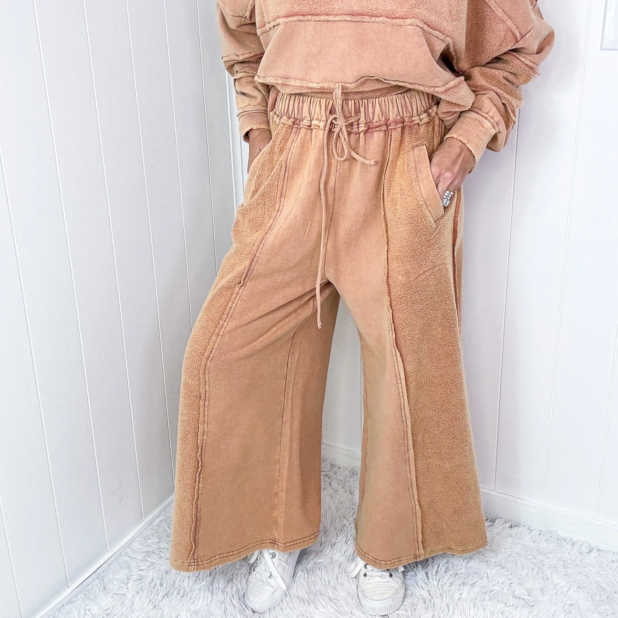 Caramel Cloud Brushed Terry Knit Mineral Washed Palazzo Pants