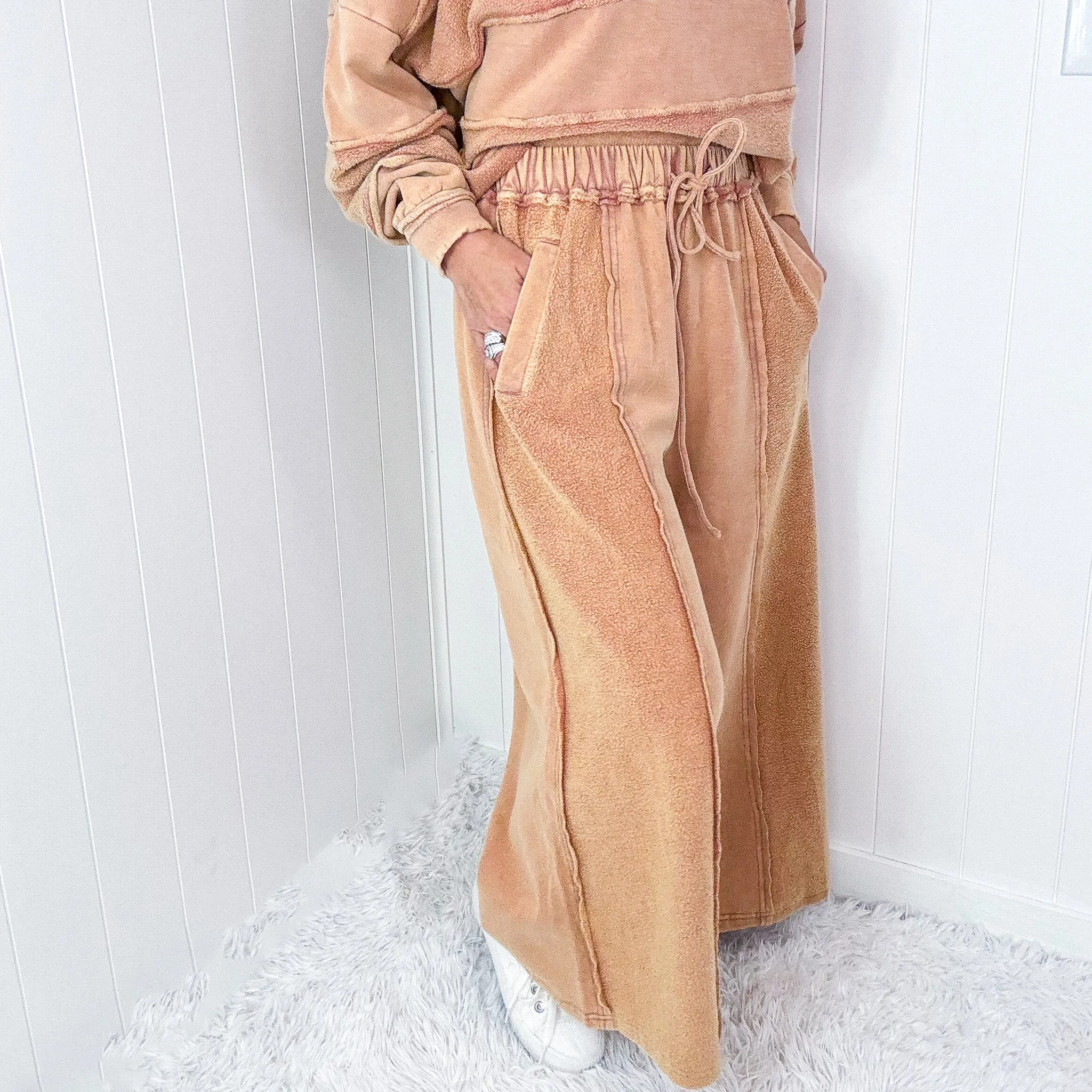 Caramel Cloud Brushed Terry Knit Mineral Washed Palazzo Pants