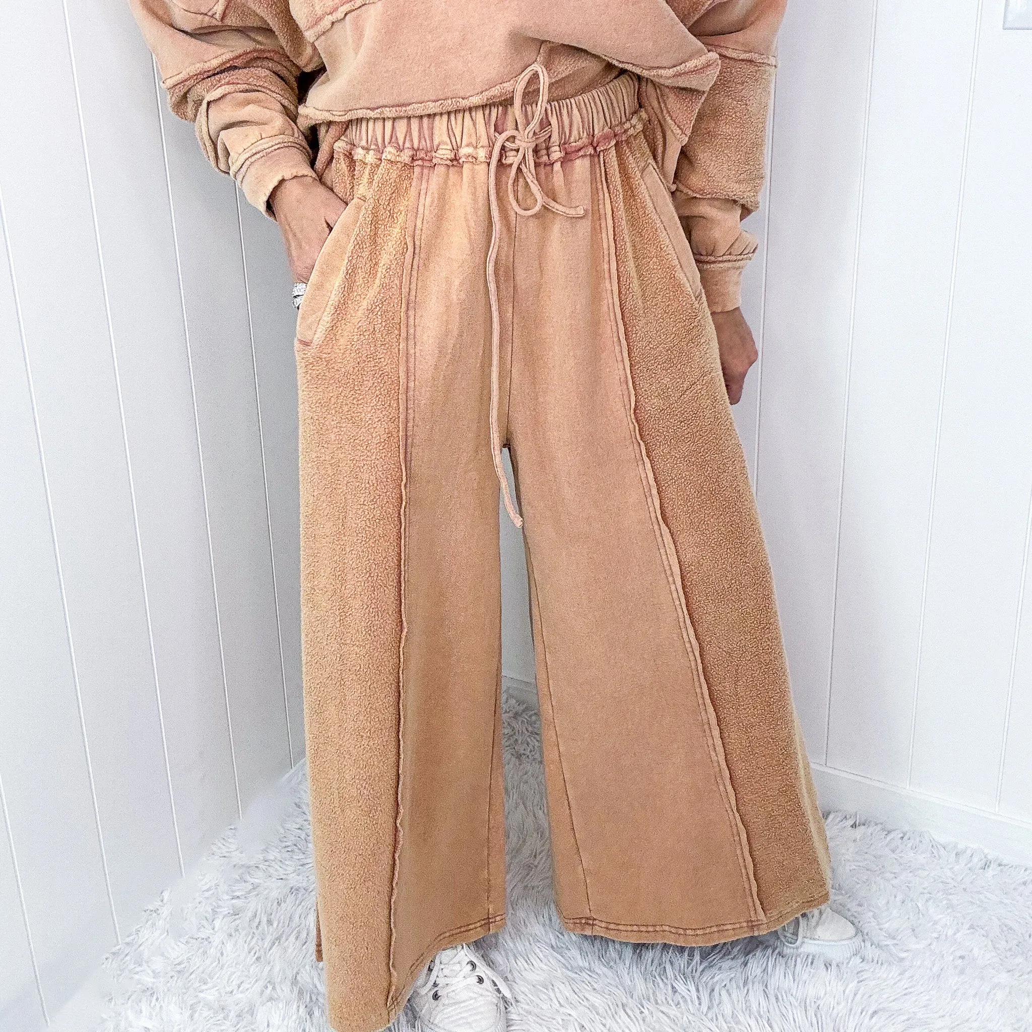 Caramel Cloud Brushed Terry Knit Mineral Washed Palazzo Pants