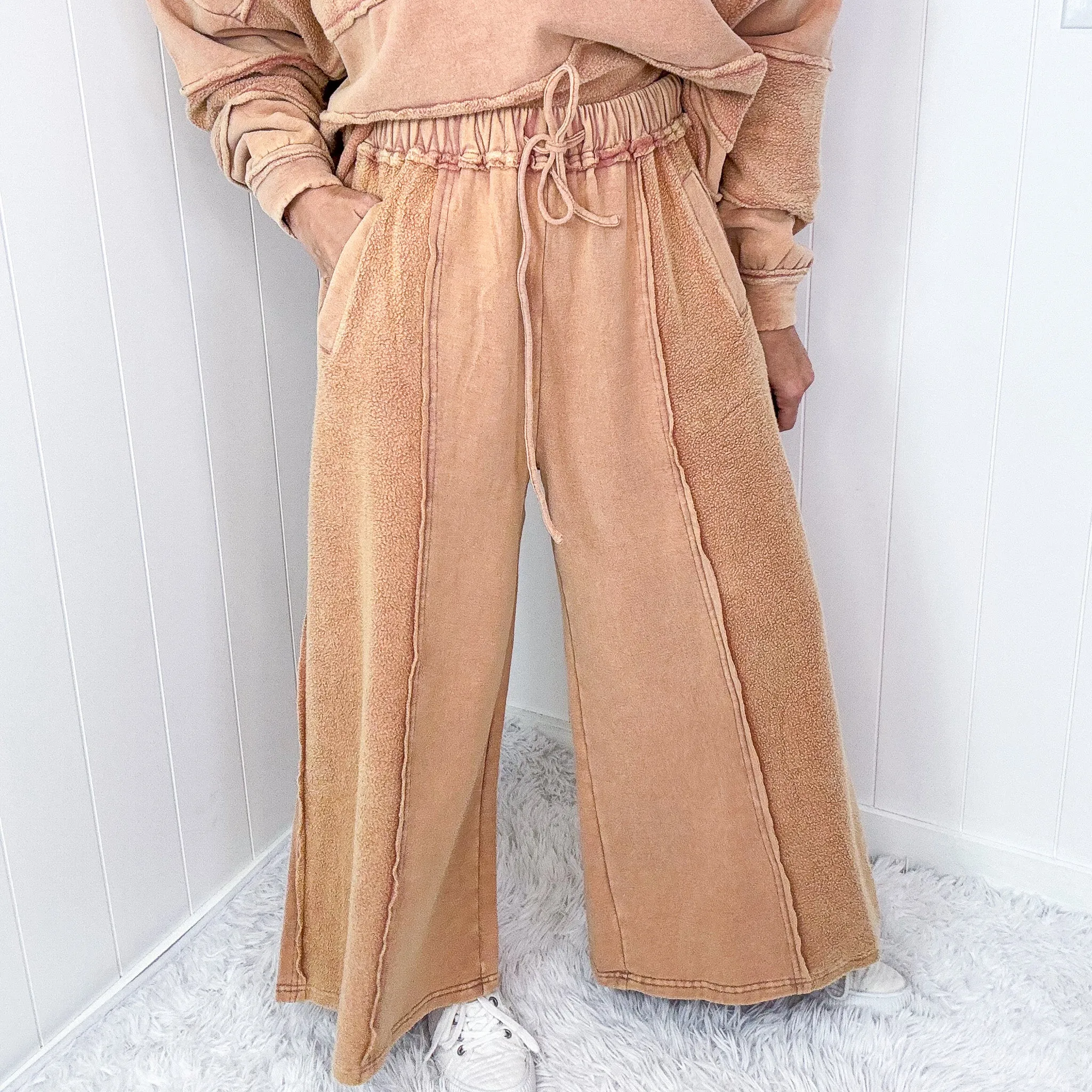 Caramel Cloud Brushed Terry Knit Mineral Washed Palazzo Pants