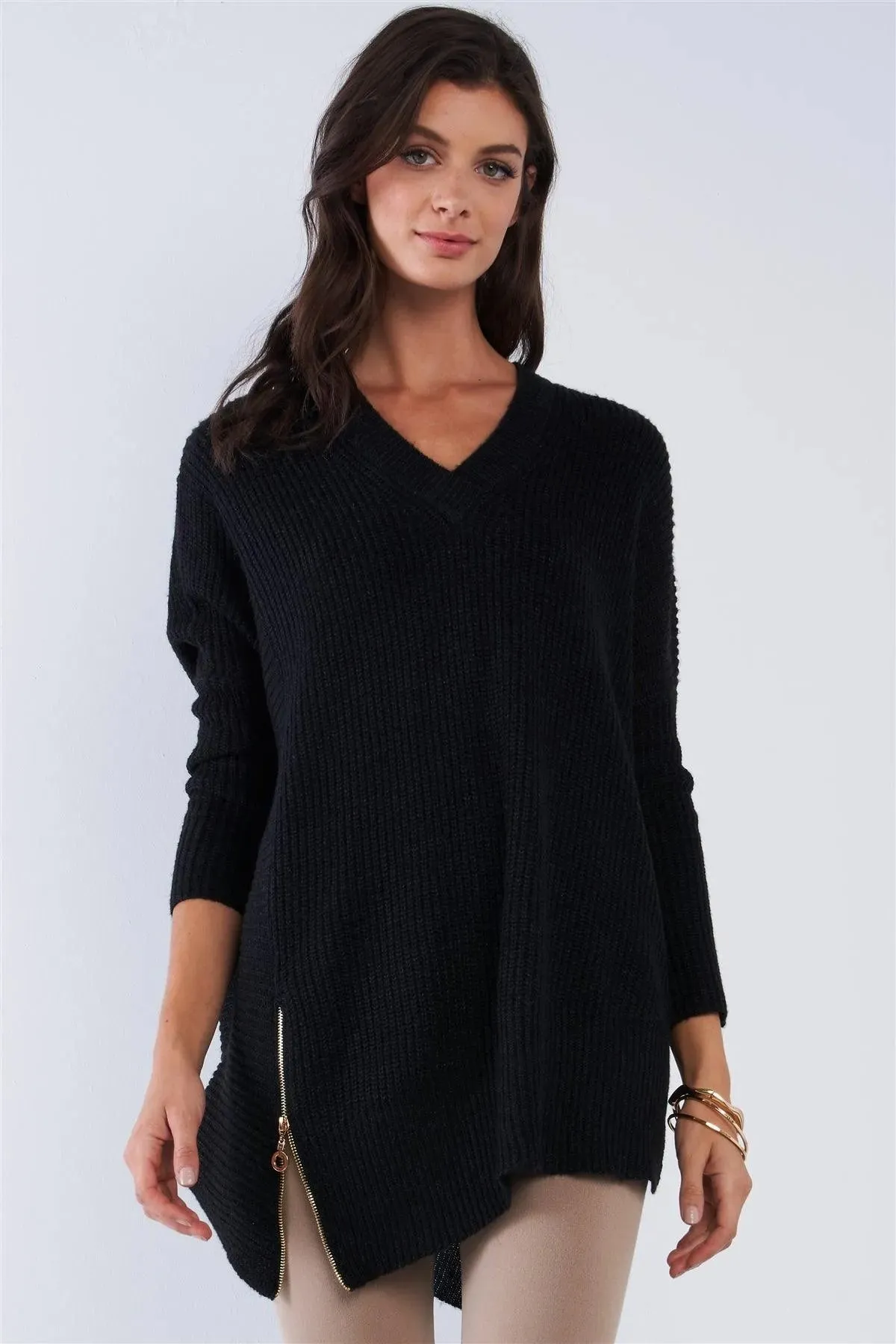 Charcoal Black V-Neck Asymmetrical Oversized Long Sleeve Gold Zipper Sweater /2-1