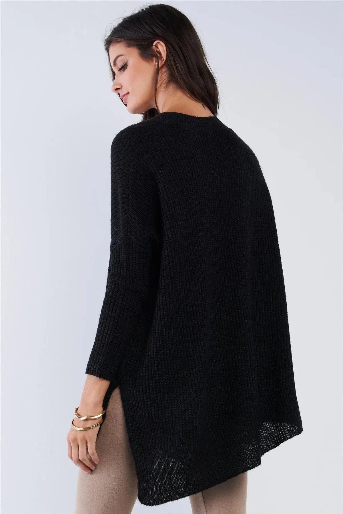 Charcoal Black V-Neck Asymmetrical Oversized Long Sleeve Gold Zipper Sweater /2-1