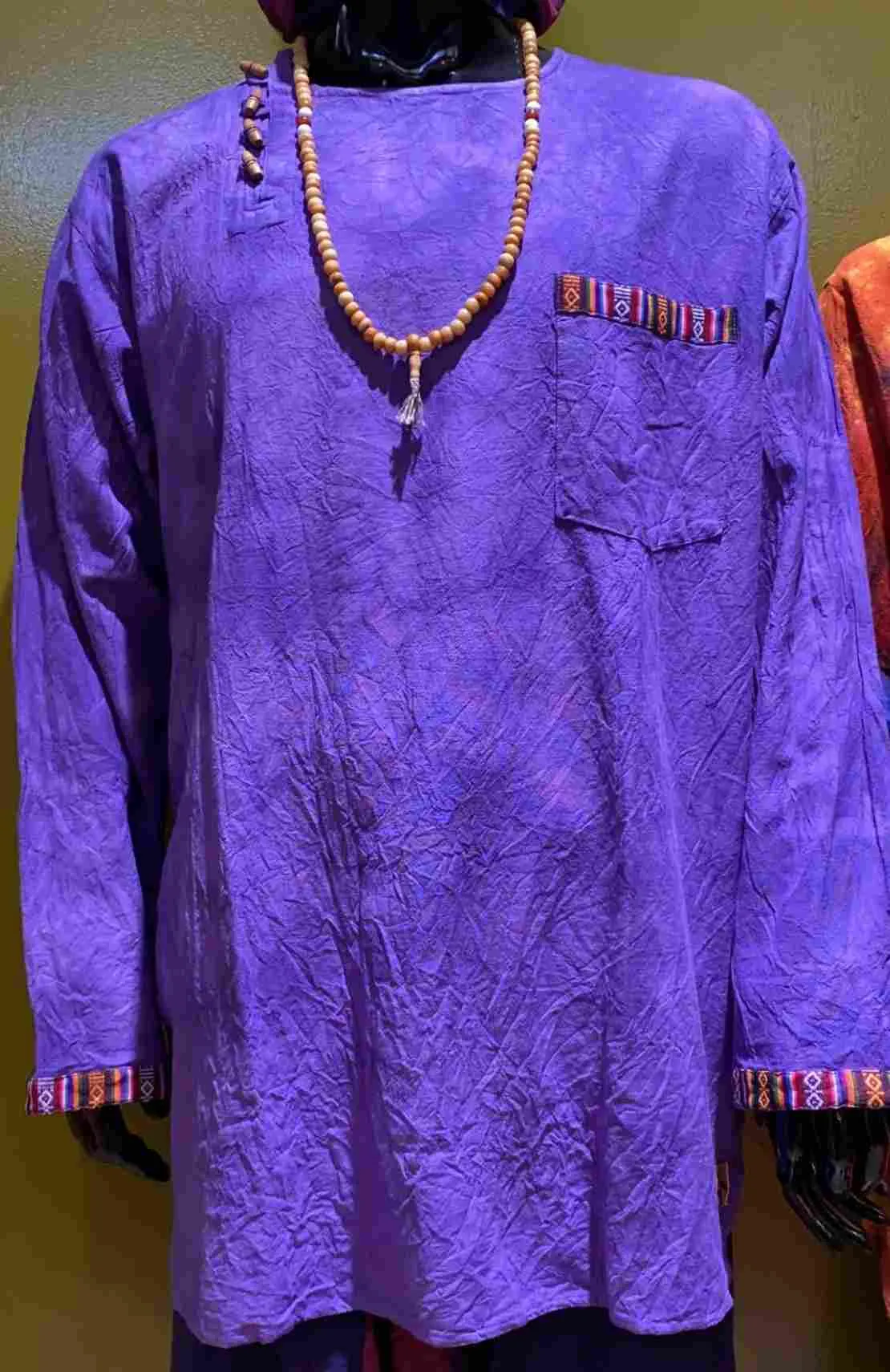 Cotton Bhutani Trim Long-Sleeve Round Neck Tunic - Tie-Dye