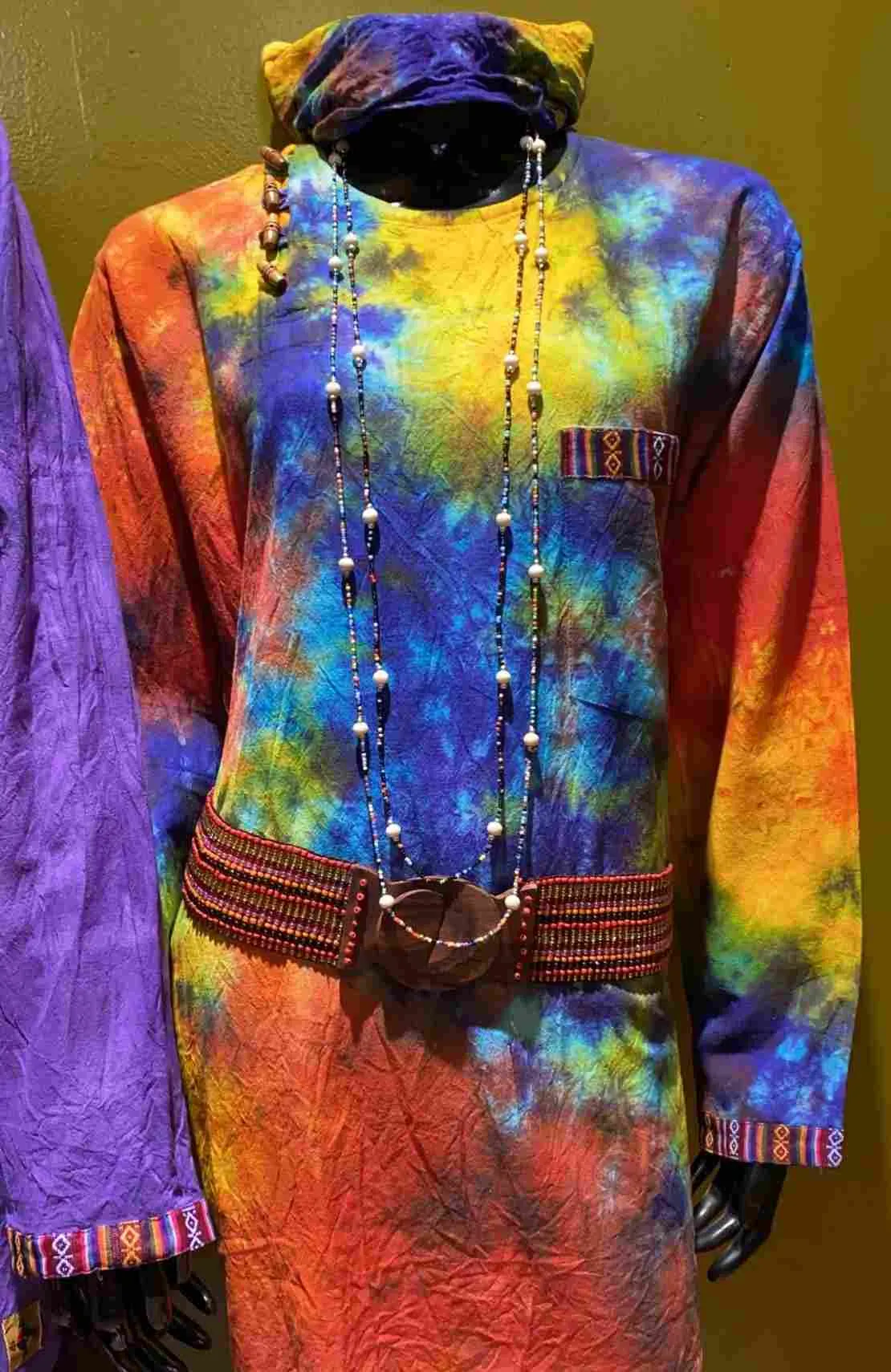 Cotton Bhutani Trim Long-Sleeve Round Neck Tunic - Tie-Dye