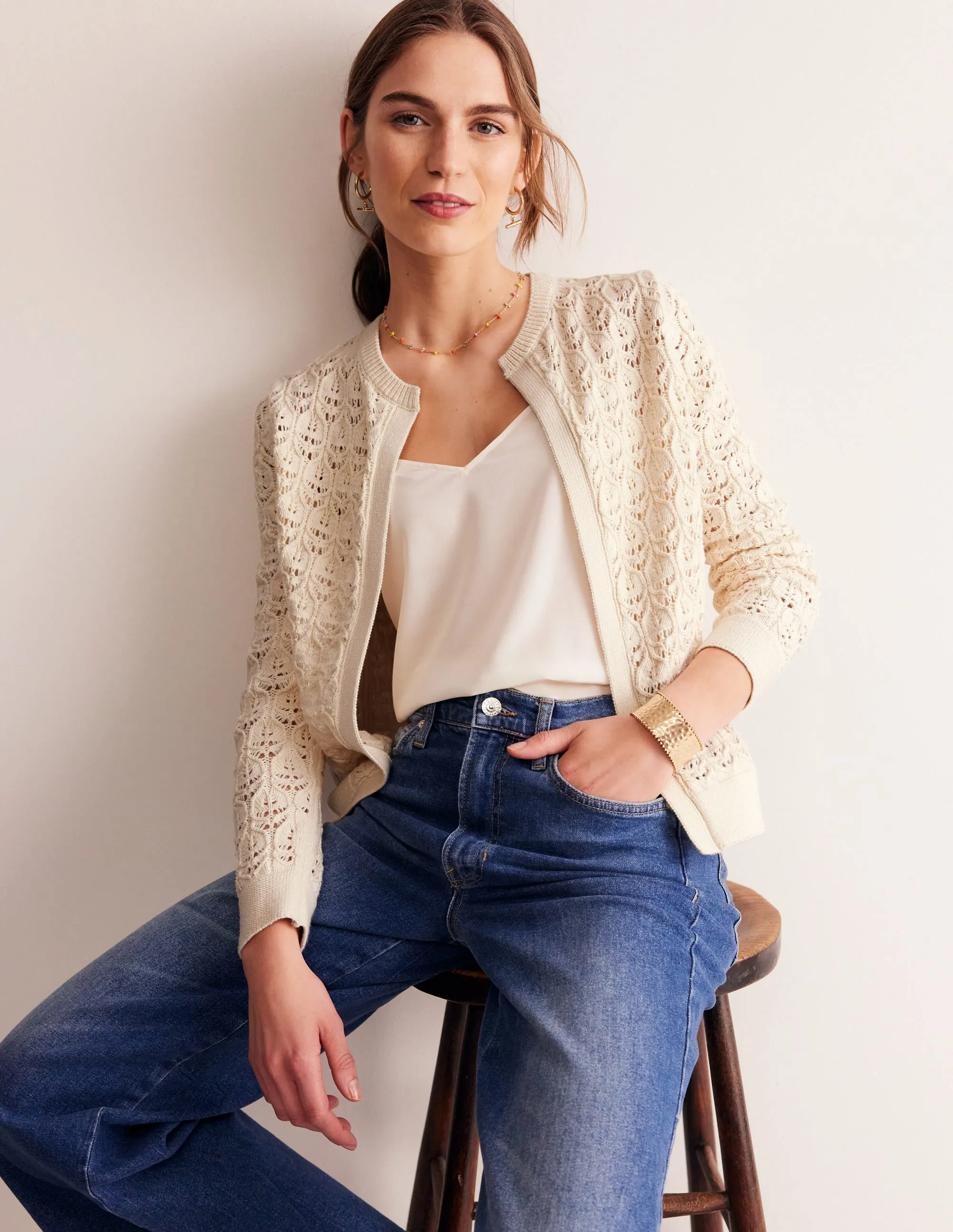 Crochet Knit Cardigan-Warm Ivory