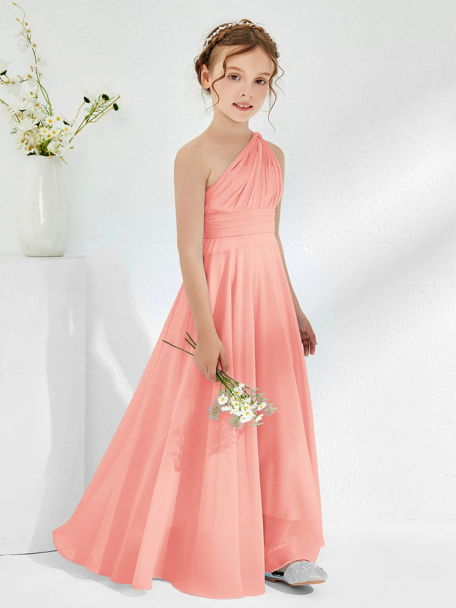 Cute One Shoulder  A-line Junior Bridesmaid Dresses Coral