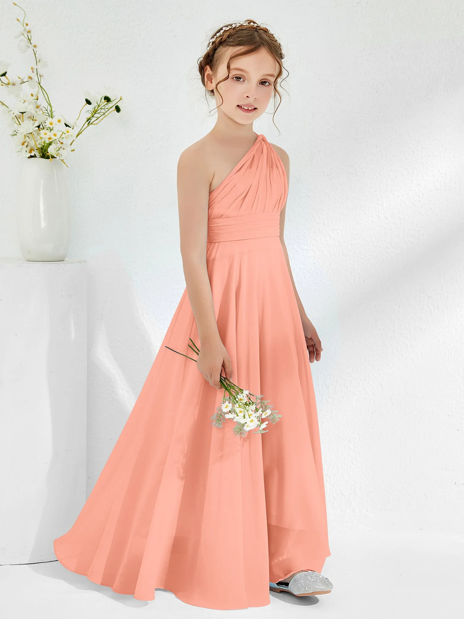 Cute One Shoulder  A-line Junior Bridesmaid Dresses Papaya