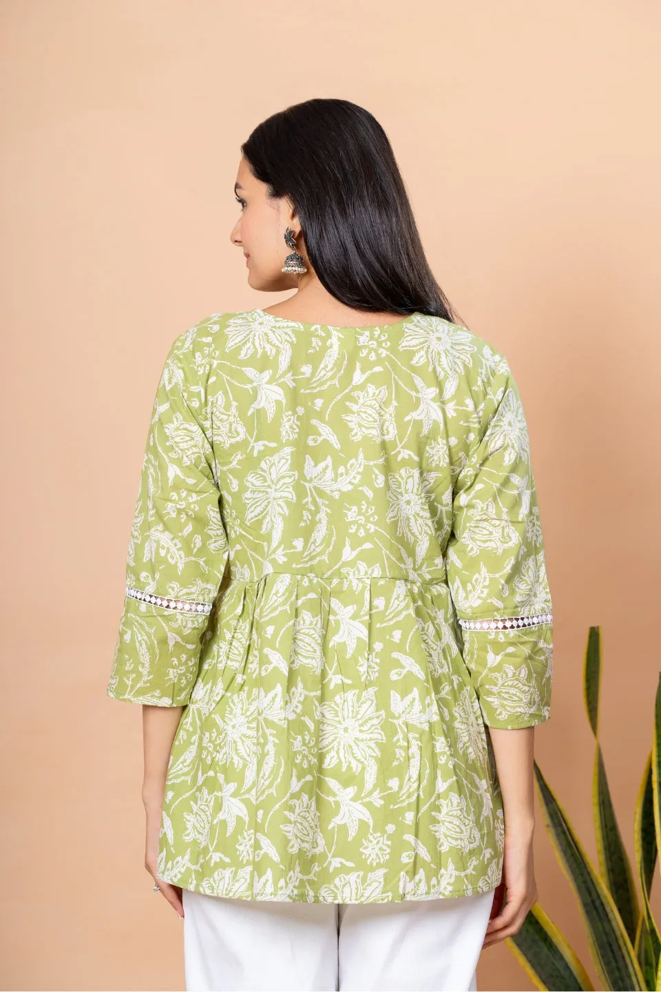 Ekisha's women pista green floral printed cotton tunic top short kurti