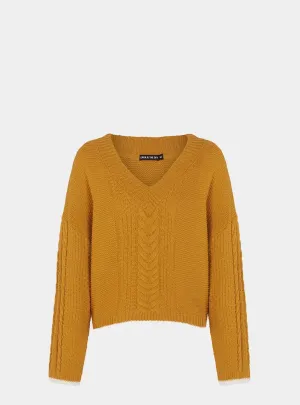 Emma v Neck Cable Jumper - Mustard