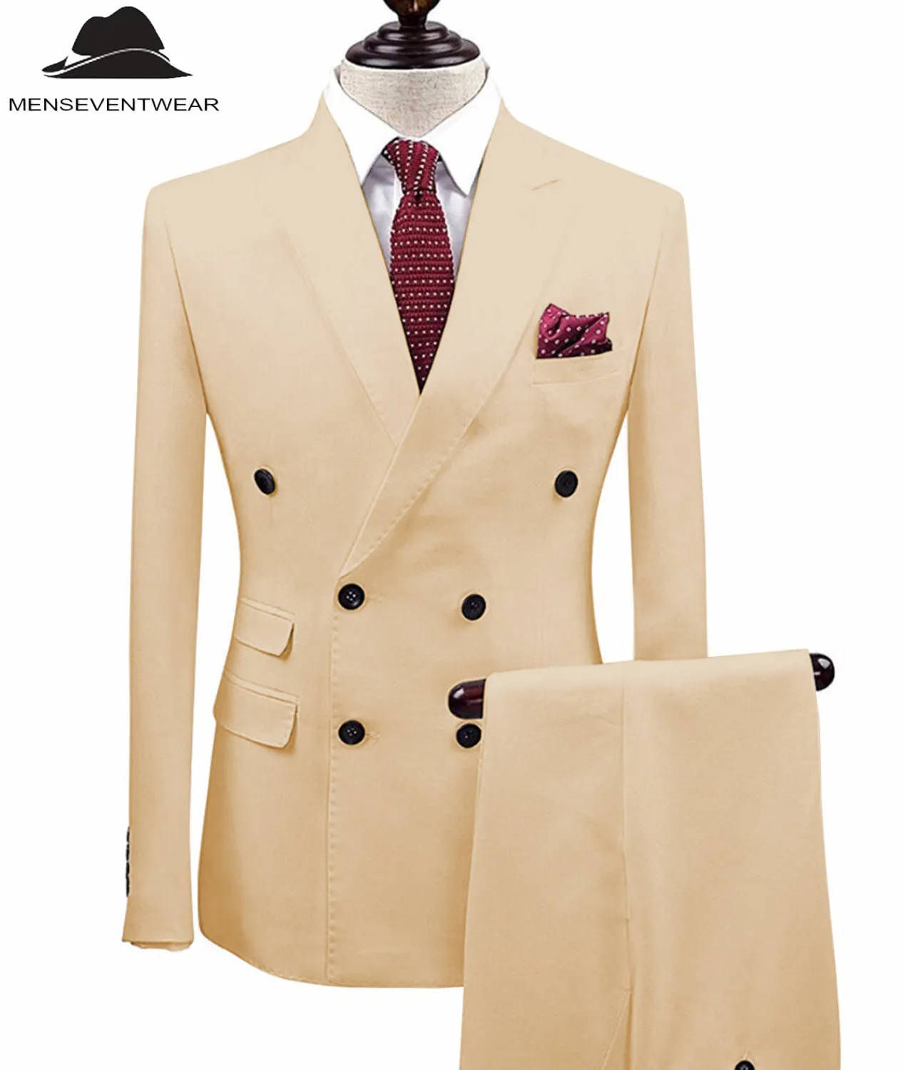 Formal 2 Pieces Mens Suit Double Breasted Flat Notch Lapel Tuxedos (Blazer Pants)