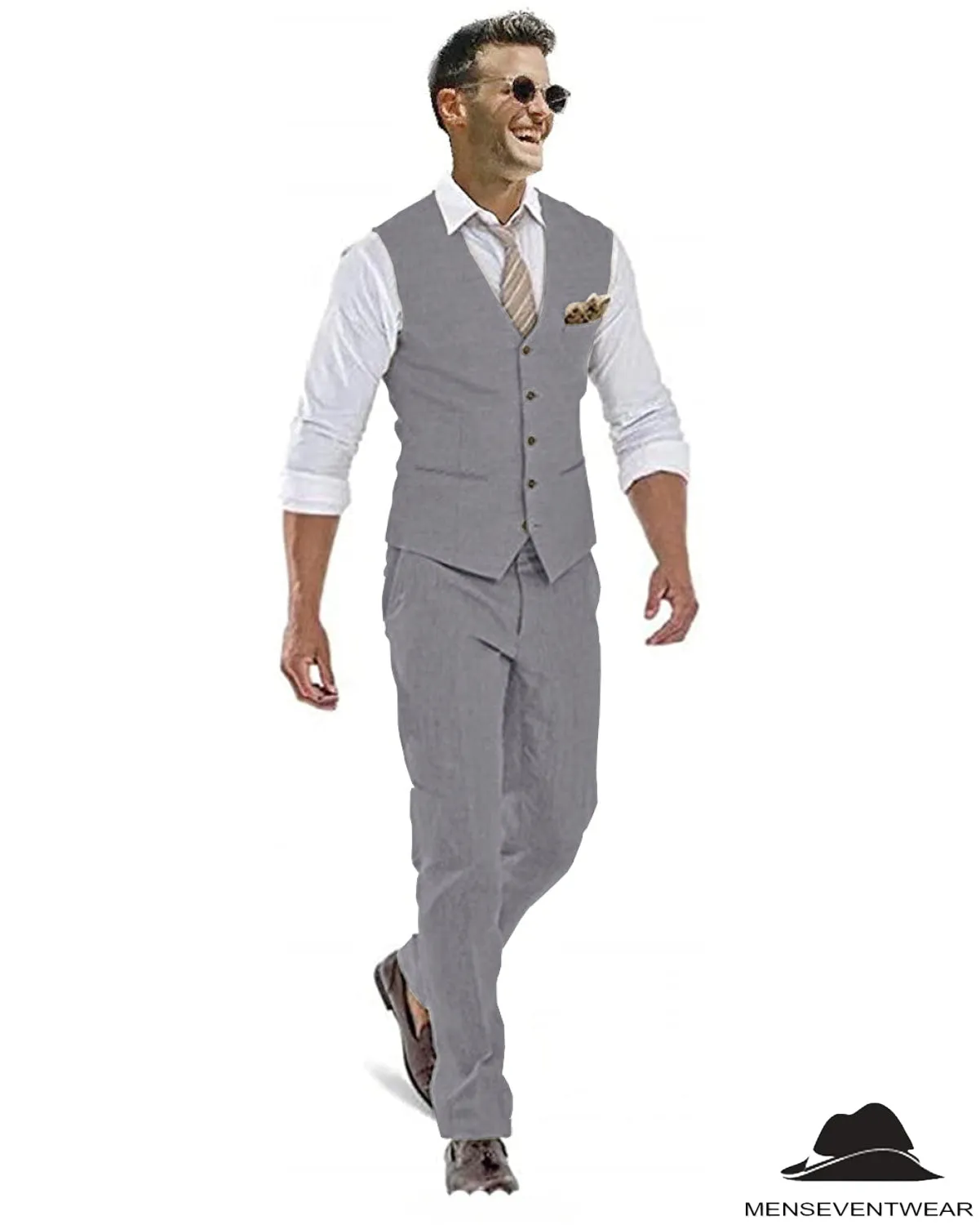 Formal 2 Pieces Mens Suit Flat Linen V Neck For Wedding (Vest   Pants)