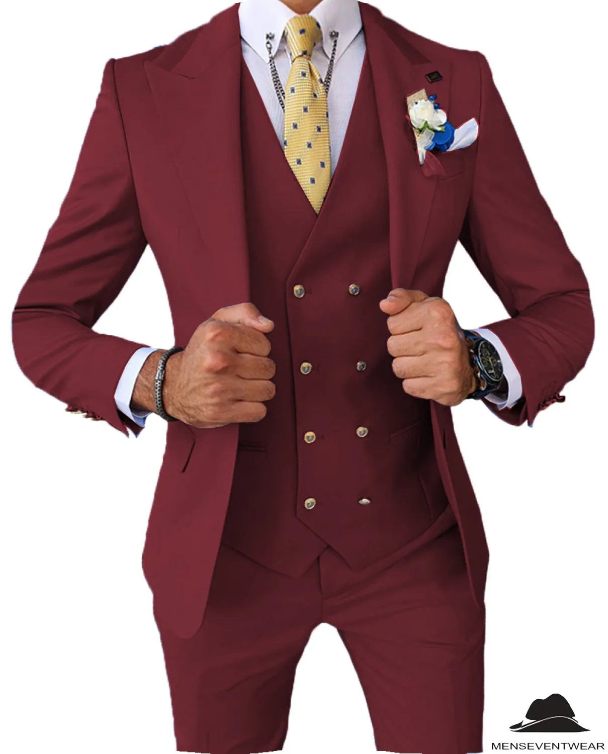 Formal Men's 3 Pieces Slim Fit Solid Color Peak Lapel Tuxedos For Wedding (Blazer vest Pants)