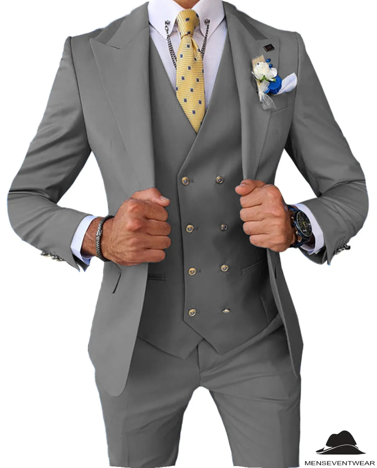 Formal Men's 3 Pieces Slim Fit Solid Color Peak Lapel Tuxedos For Wedding (Blazer vest Pants)