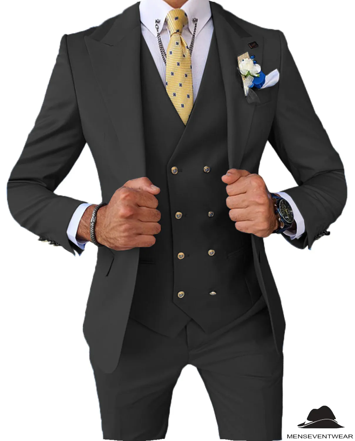 Formal Men's 3 Pieces Slim Fit Solid Color Peak Lapel Tuxedos For Wedding (Blazer vest Pants)