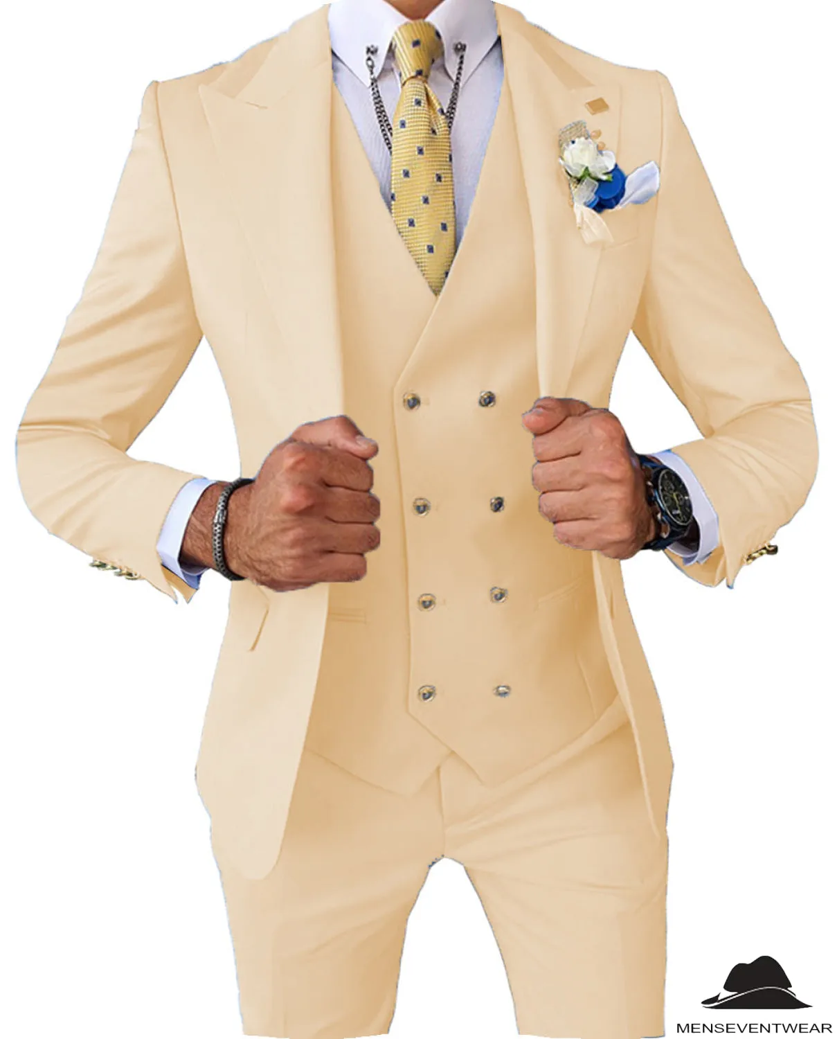 Formal Men's 3 Pieces Slim Fit Solid Color Peak Lapel Tuxedos For Wedding (Blazer vest Pants)