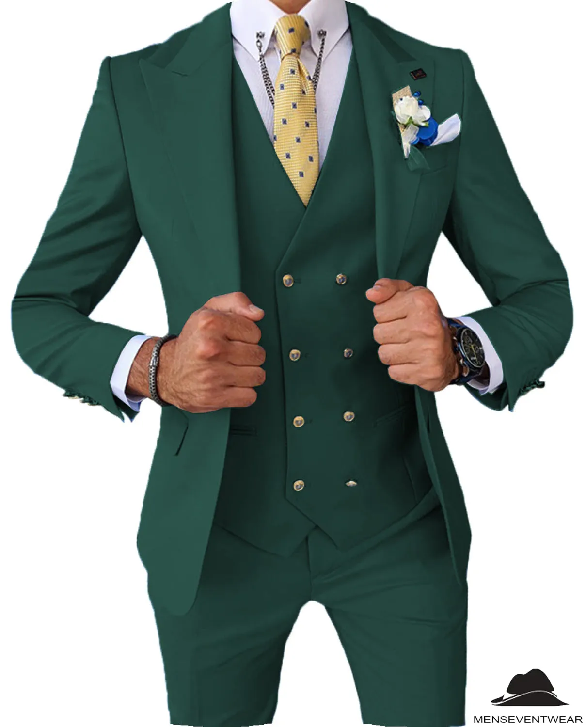 Formal Men's 3 Pieces Slim Fit Solid Color Peak Lapel Tuxedos For Wedding (Blazer vest Pants)