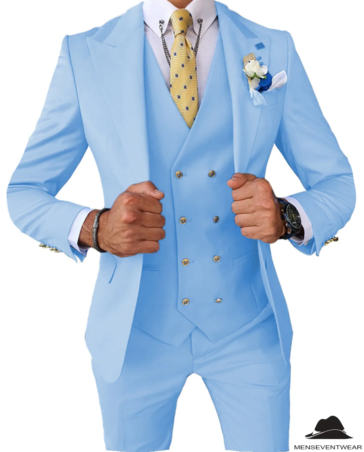 Formal Men's 3 Pieces Slim Fit Solid Color Peak Lapel Tuxedos For Wedding (Blazer vest Pants)