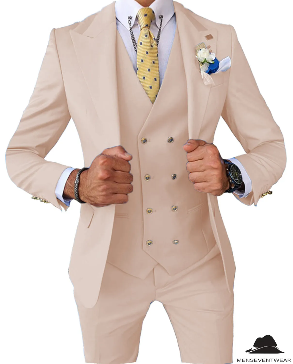 Formal Men's 3 Pieces Slim Fit Solid Color Peak Lapel Tuxedos For Wedding (Blazer vest Pants)