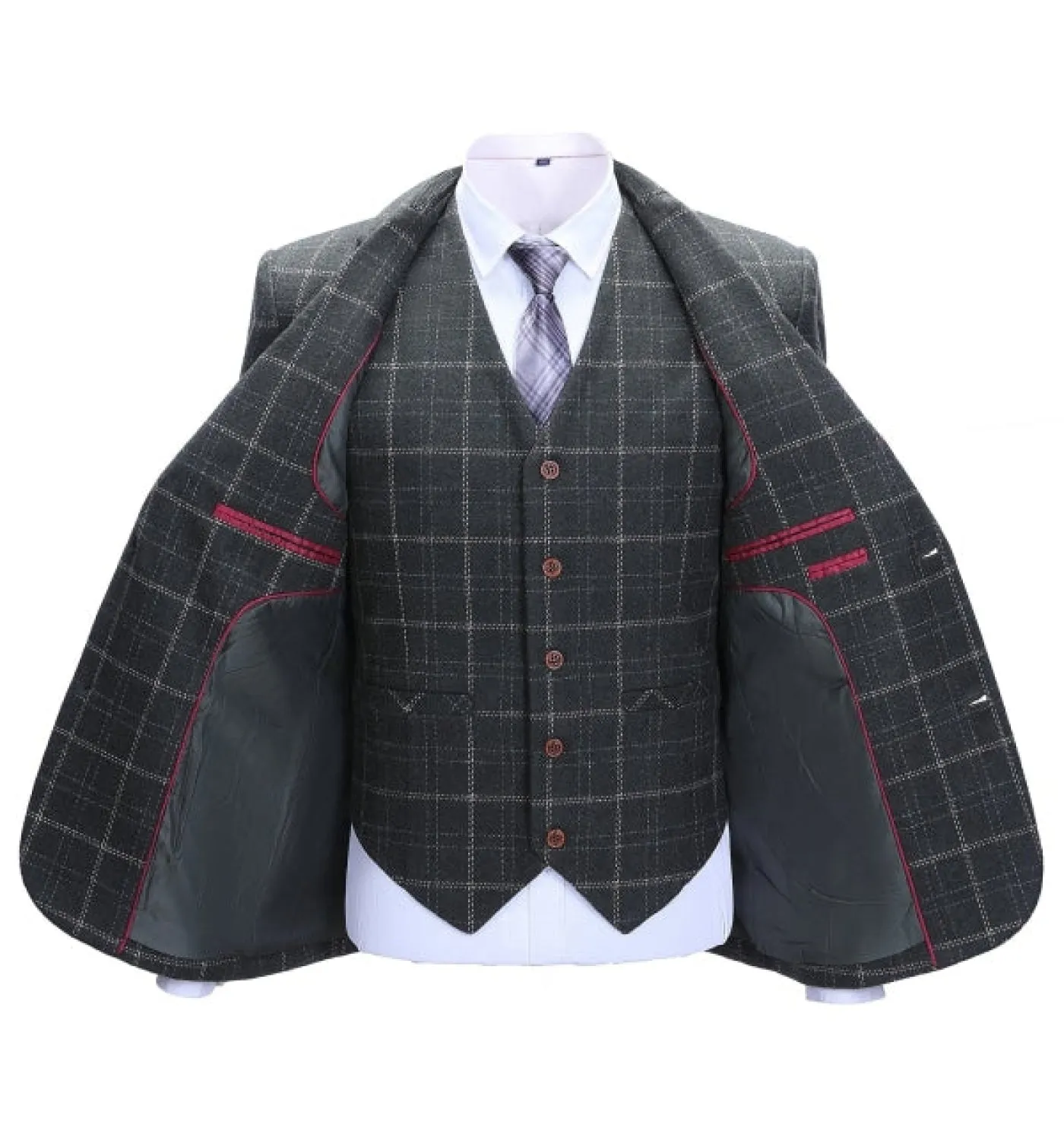 Formal Men's Business 3 Pieces Black Plaid Tweed Notch Lapel Suit (Blazer vest Pants)