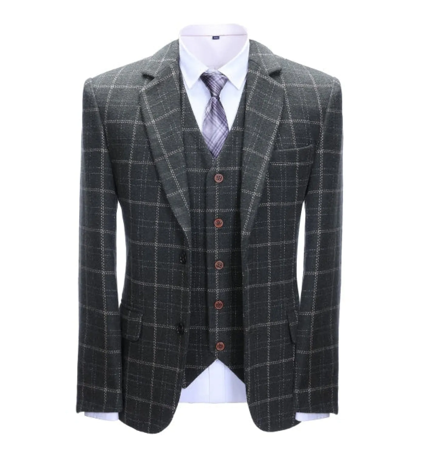 Formal Men's Business 3 Pieces Black Plaid Tweed Notch Lapel Suit (Blazer vest Pants)