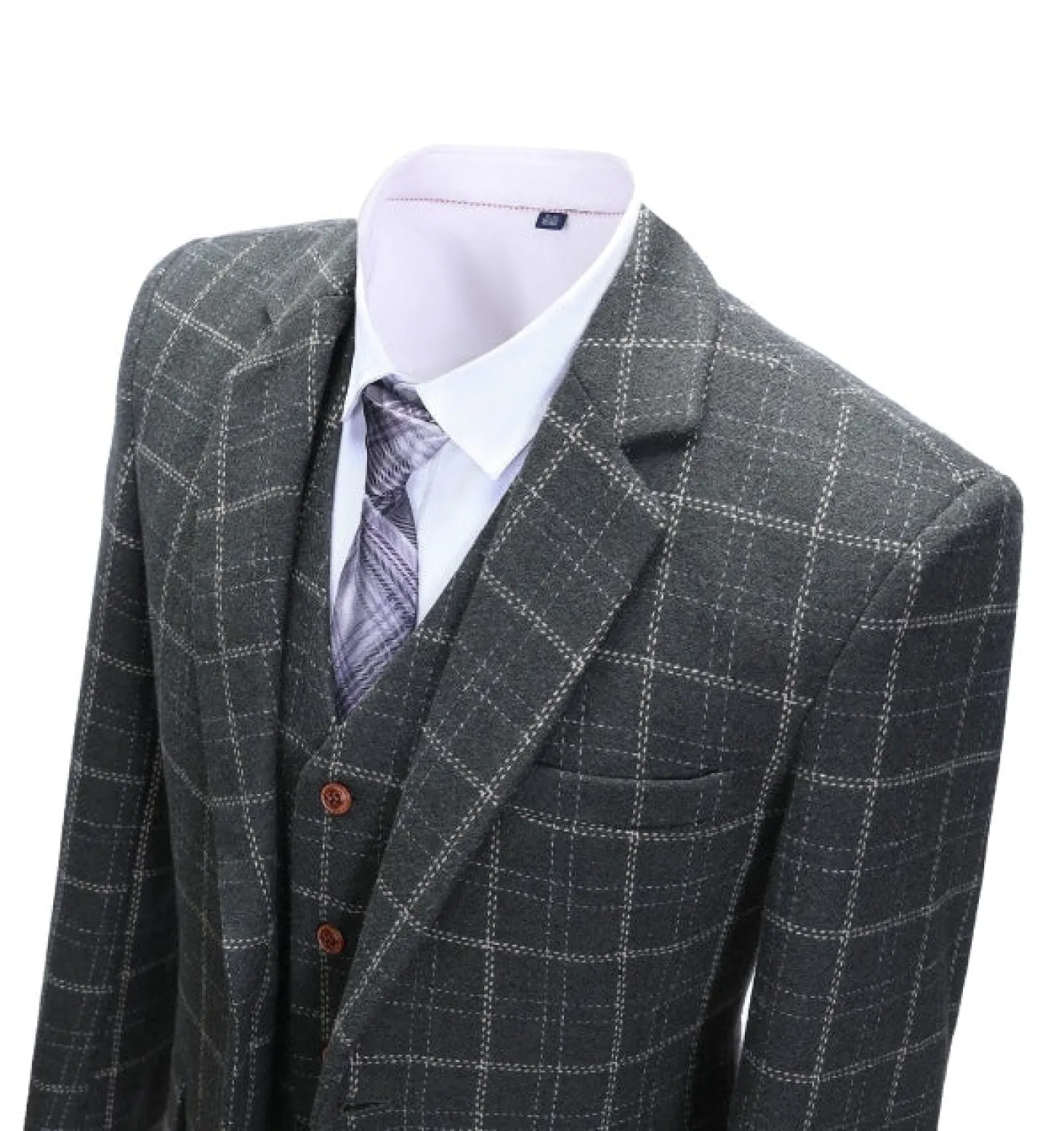 Formal Men's Business 3 Pieces Black Plaid Tweed Notch Lapel Suit (Blazer vest Pants)