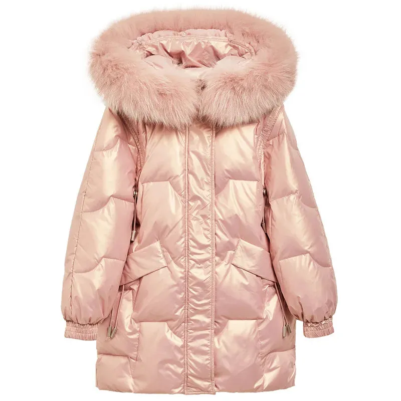 Girl Winter Down Jacket Faux Fur Waterproof Hooded Long Girl Winter Outerwear Coat 5-16 Years Teenage Girl Parka Snowwear