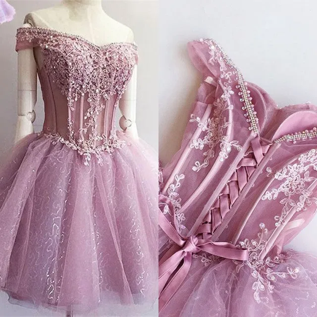 Gorgeous Off-the-Shoulder Short Homecoming Dress | Sequins Short Dress With Appliques