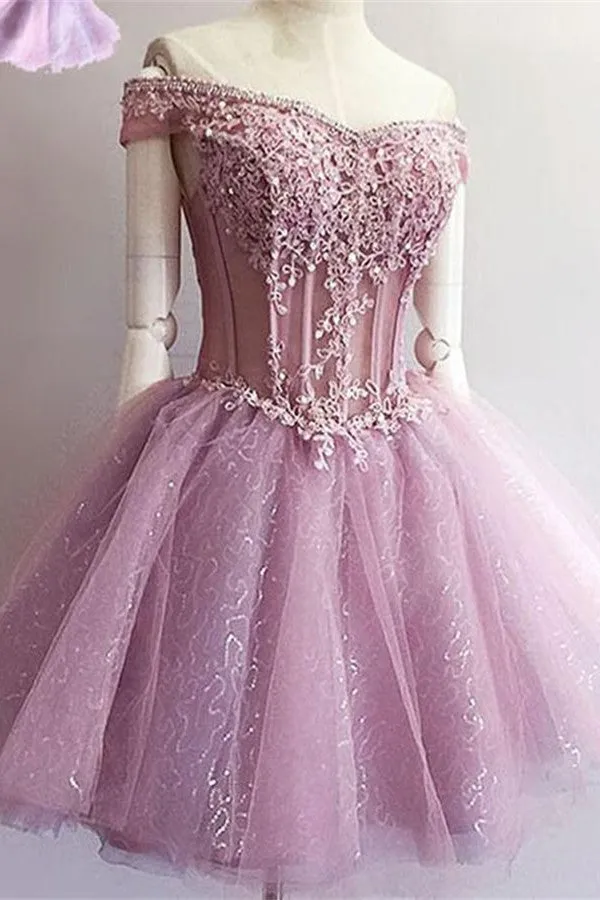 Gorgeous Off-the-Shoulder Short Homecoming Dress | Sequins Short Dress With Appliques