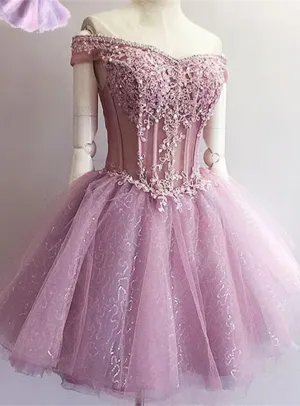 Gorgeous Off-the-Shoulder Short Homecoming Dress | Sequins Short Dress With Appliques