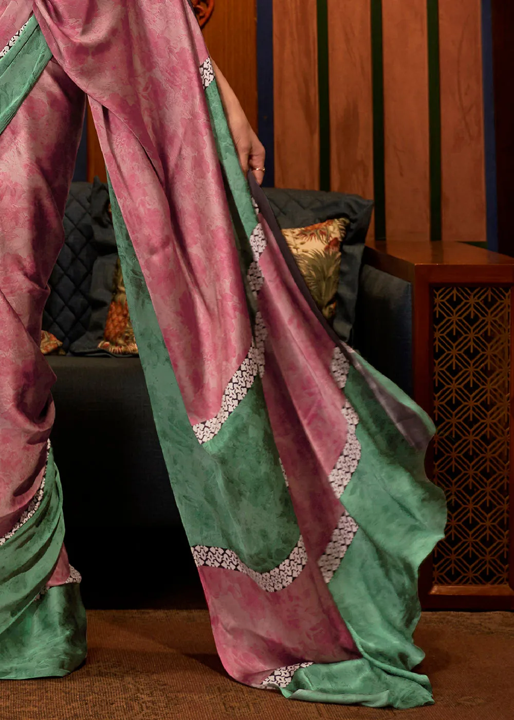 Green & Pink Designer Satin Crepe Printed Saree