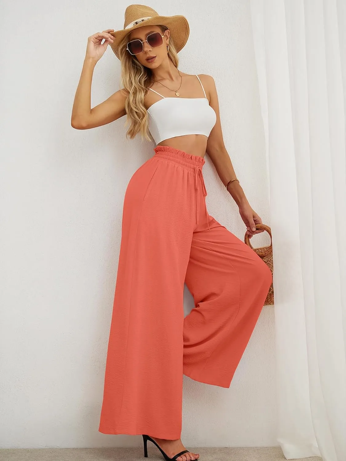 Heymoments Women's Wide Leg Lounge Pants Lightweight High Waisted Adjustable Tie Knot Loose Trousers with Pockets