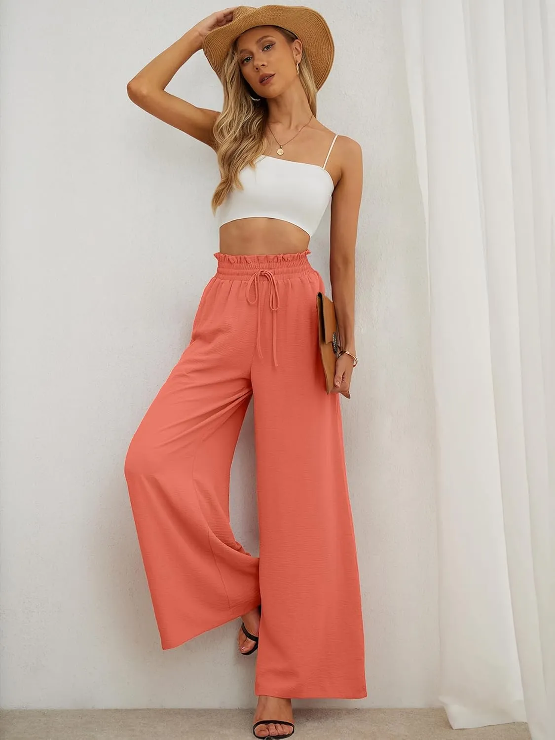 Heymoments Women's Wide Leg Lounge Pants Lightweight High Waisted Adjustable Tie Knot Loose Trousers with Pockets