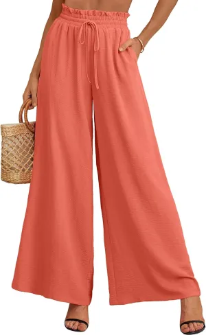 Heymoments Women's Wide Leg Lounge Pants Lightweight High Waisted Adjustable Tie Knot Loose Trousers with Pockets
